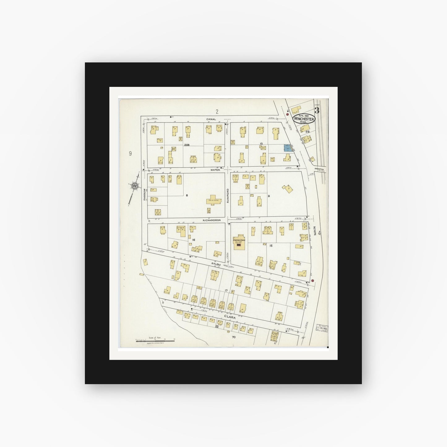 Old map wall art mockup — black gallery frame with white mat — Sanborn Fire Insurance Map from Winchester, Middlesex County, Massachusetts (1921), Sheet #0003