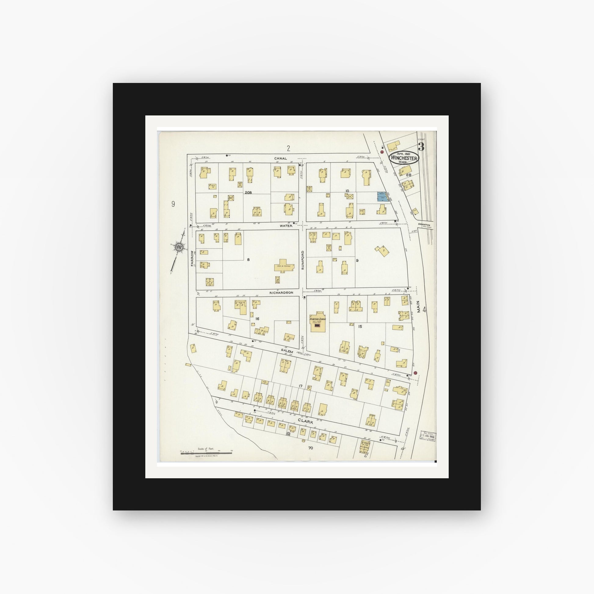 Old map wall art mockup — black gallery frame with white mat — Sanborn Fire Insurance Map from Winchester, Middlesex County, Massachusetts (1921), Sheet #0003
