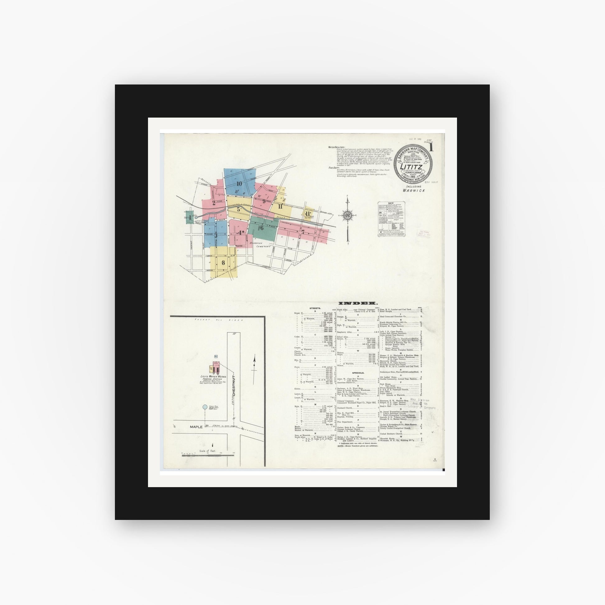 Old map wall art mockup — black gallery frame with white mat — Sanborn Fire Insurance Map from Lititz, Lancaster County, Pennsylvania (1912) - Complete Map Set