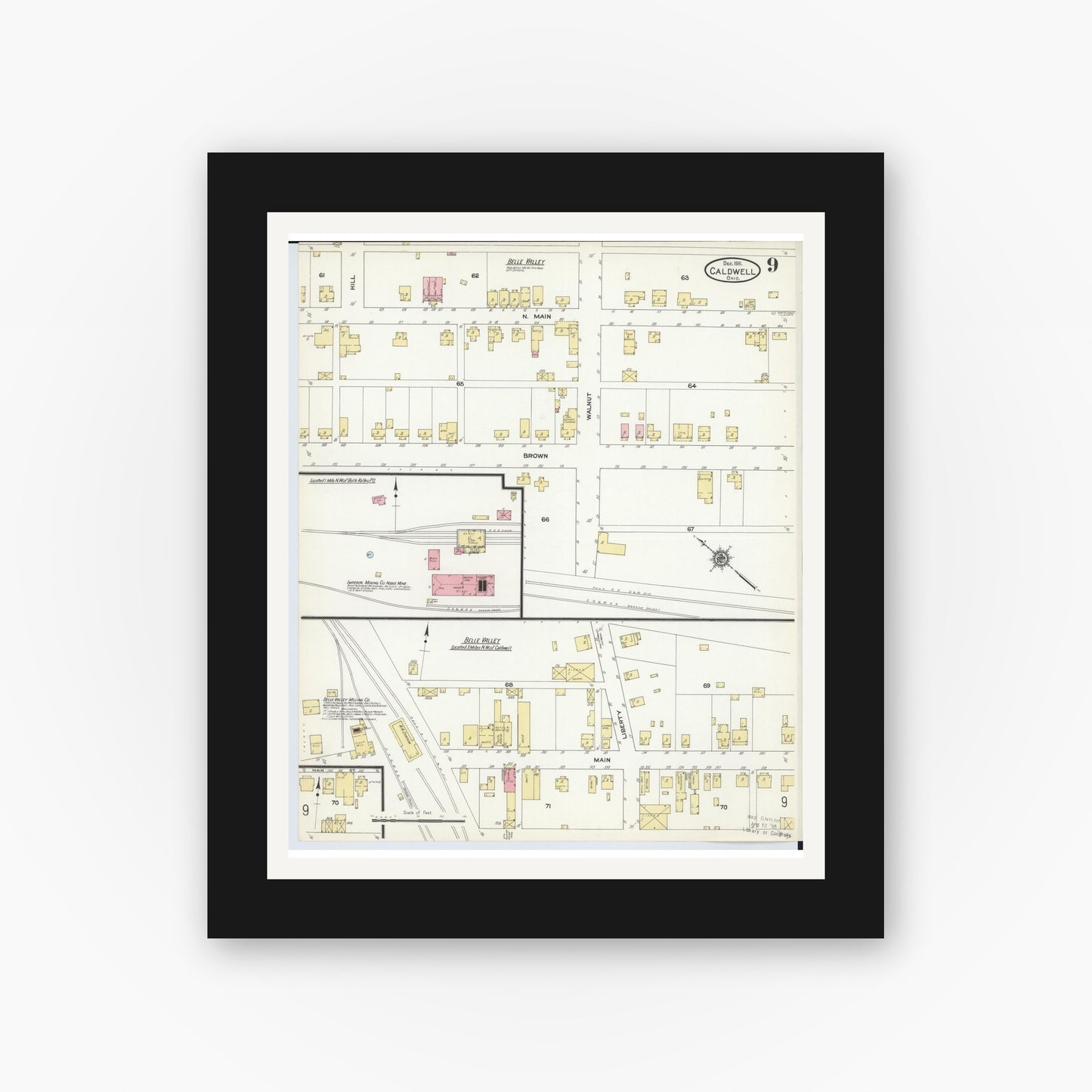 Old map wall art mockup — black gallery frame with white mat — Sanborn Fire Insurance Map from Caldwell, Noble County, Ohio (1911), Sheet #0009