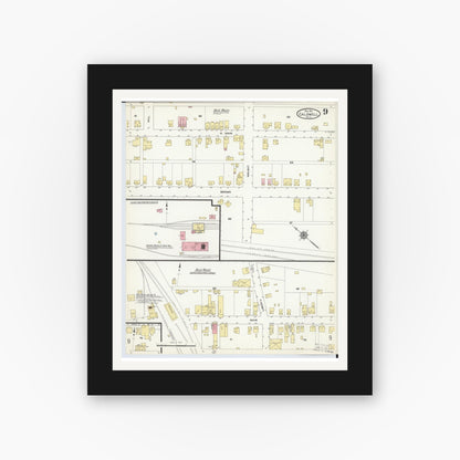 Old map wall art mockup — black gallery frame with white mat — Sanborn Fire Insurance Map from Caldwell, Noble County, Ohio (1911), Sheet #0009