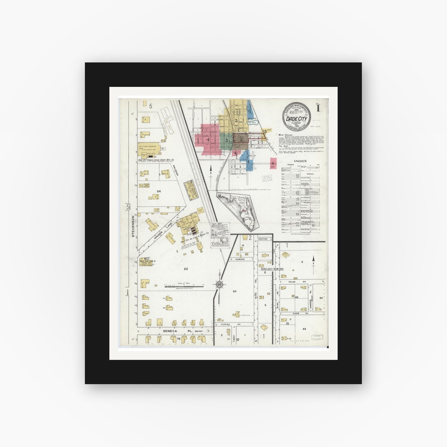 Old map wall art mockup — black gallery frame with white mat — Sanborn Fire Insurance Map from Dade City, Pasco County, Florida (1920), Sheet #0001