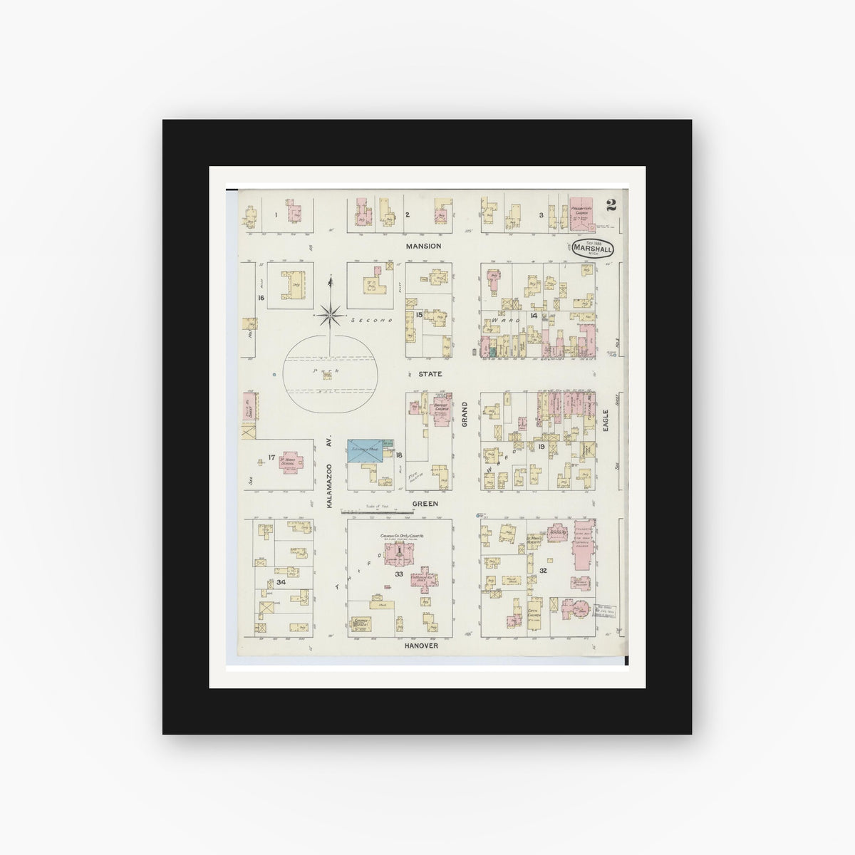 Old map wall art mockup — black gallery frame with white mat — Sanborn Fire Insurance Map from Marshall, Calhoun County, Michigan (1888), Sheet #0002