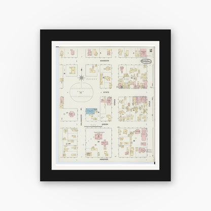 Old map wall art mockup — black gallery frame with white mat — Sanborn Fire Insurance Map from Marshall, Calhoun County, Michigan (1888), Sheet #0002