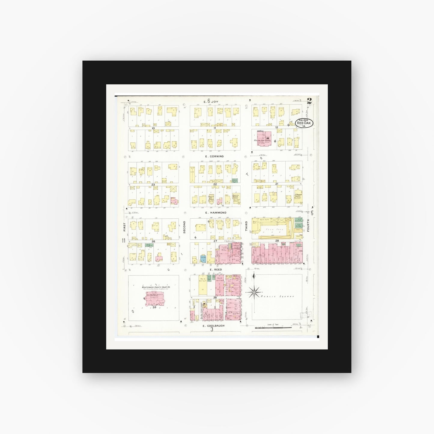Old map wall art mockup — black gallery frame with white mat — Sanborn Fire Insurance Map from Red Oak, Montgomery County, Iowa (1908), Sheet #0002
