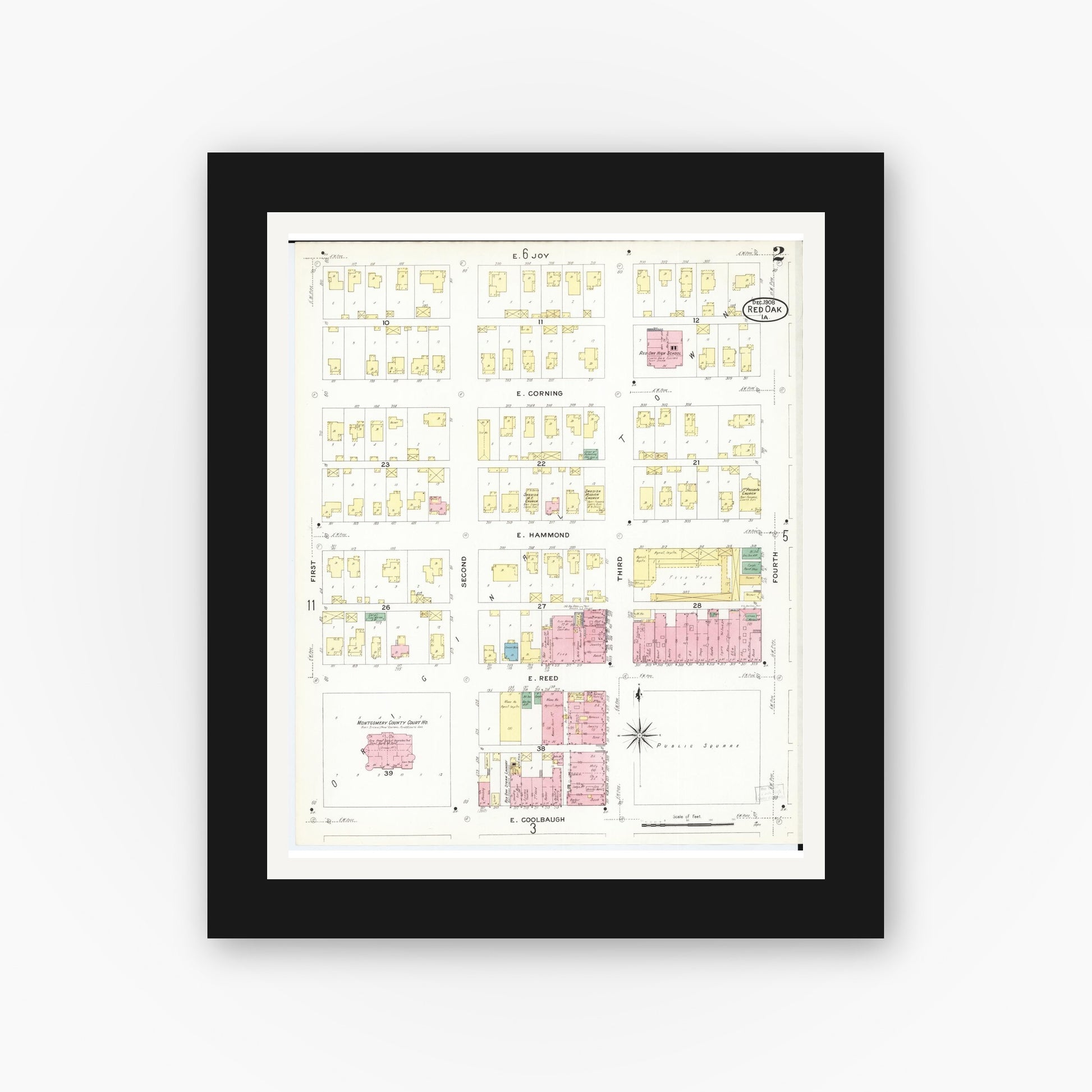 Old map wall art mockup — black gallery frame with white mat — Sanborn Fire Insurance Map from Red Oak, Montgomery County, Iowa (1908), Sheet #0002