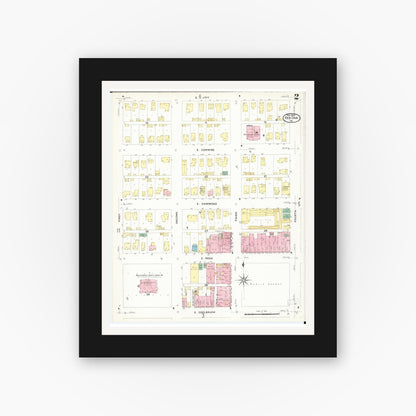 Old map wall art mockup — black gallery frame with white mat — Sanborn Fire Insurance Map from Red Oak, Montgomery County, Iowa (1908), Sheet #0002