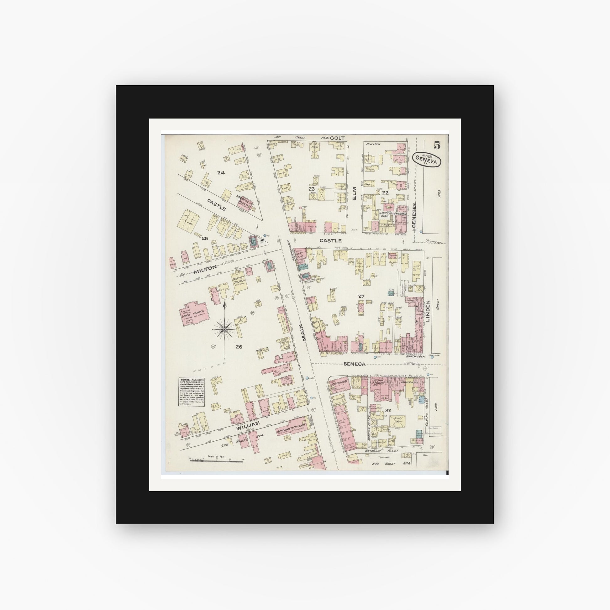 Old map wall art mockup — black gallery frame with white mat — Sanborn Fire Insurance Map from Geneva, Ontario County, New York (1884), Sheet #0005