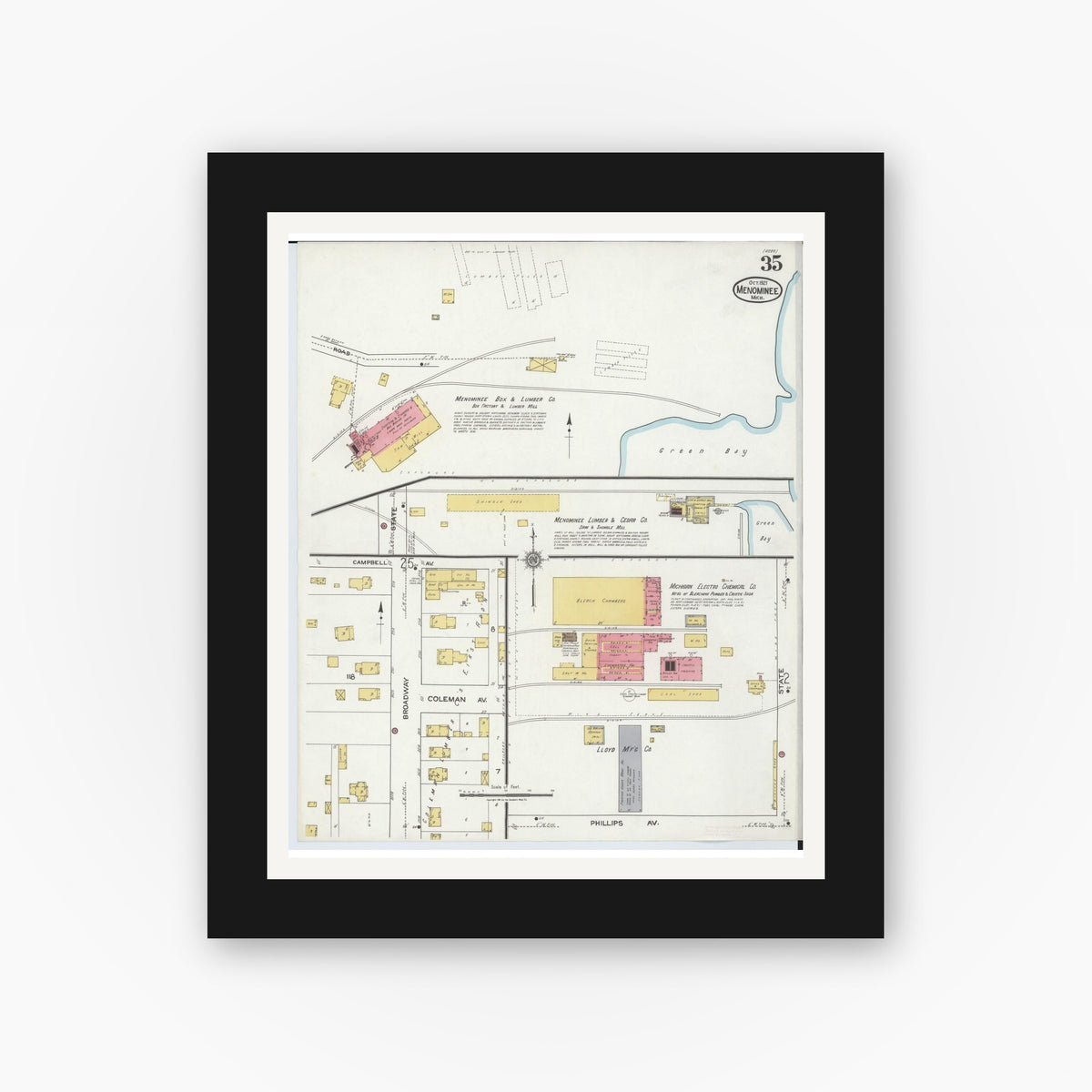 Old map wall art mockup — black gallery frame with white mat — Sanborn Fire Insurance Map from Menominee, Menominee County, Michigan (1921), Sheet #0035