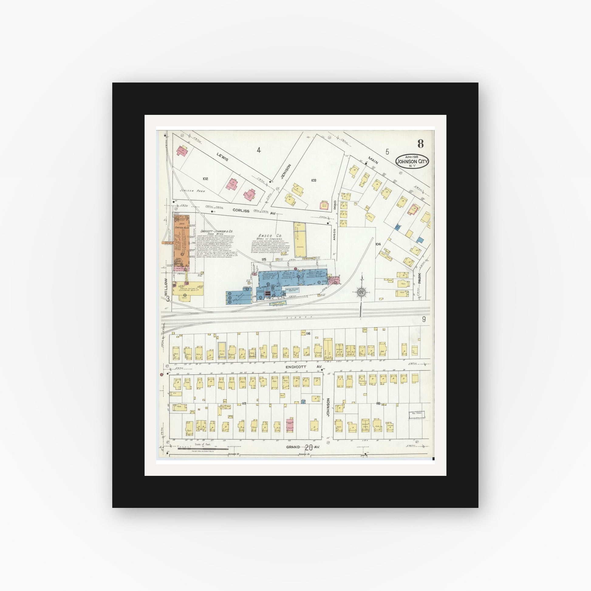 Old map wall art mockup — black gallery frame with white mat — Sanborn Fire Insurance Map from Johnson City, Broome County, New York (1918), Sheet #0008