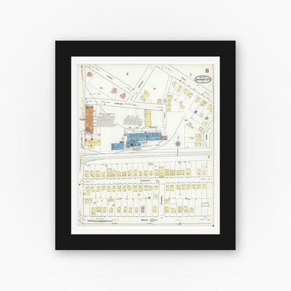 Old map wall art mockup — black gallery frame with white mat — Sanborn Fire Insurance Map from Johnson City, Broome County, New York (1918), Sheet #0008