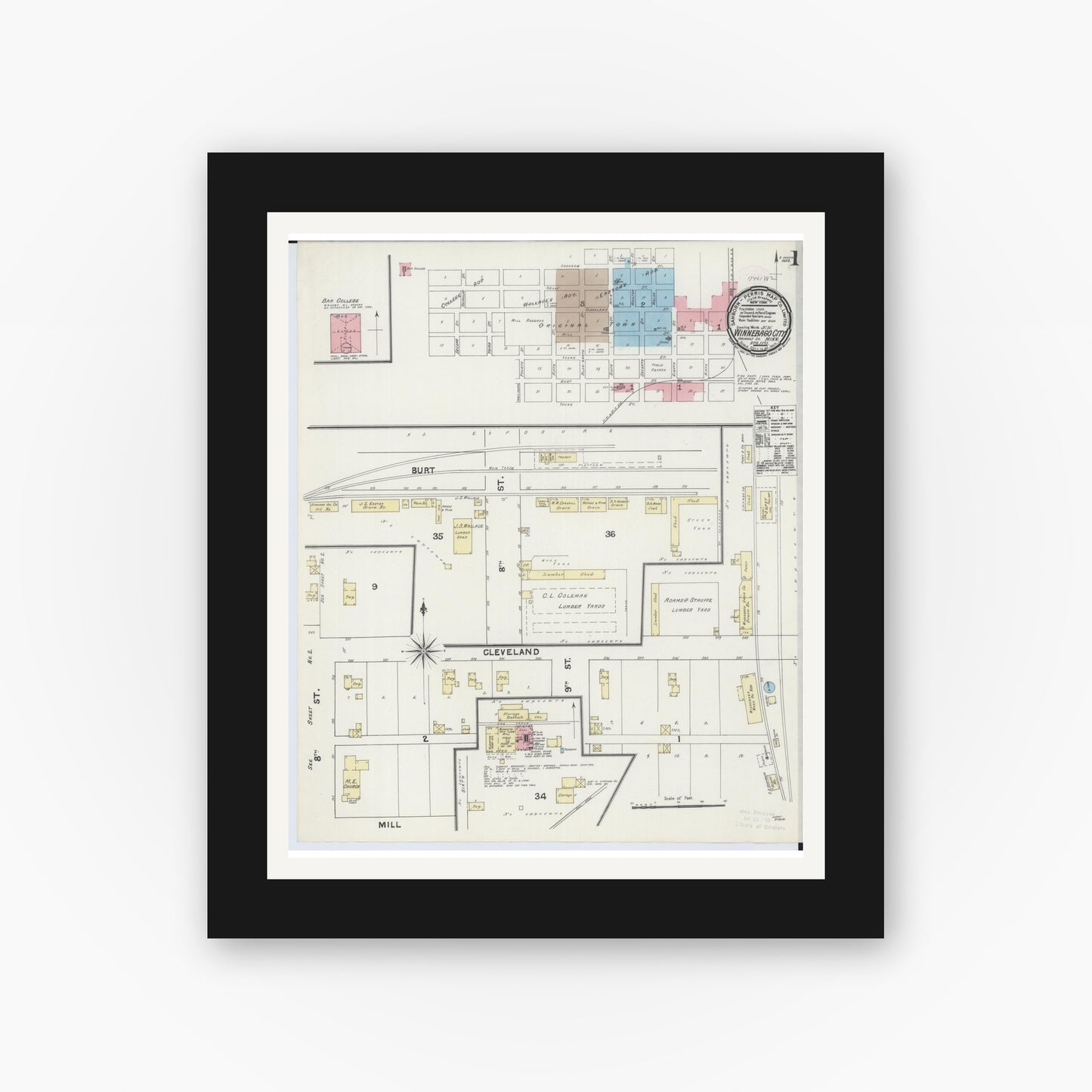 Old map wall art mockup — black gallery frame with white mat — Sanborn Fire Insurance Map from Winnebago, Faribault County, Minnesota (1891), Sheet #0001