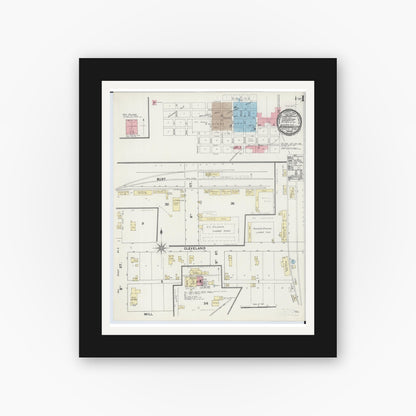 Old map wall art mockup — black gallery frame with white mat — Sanborn Fire Insurance Map from Winnebago, Faribault County, Minnesota (1891), Sheet #0001