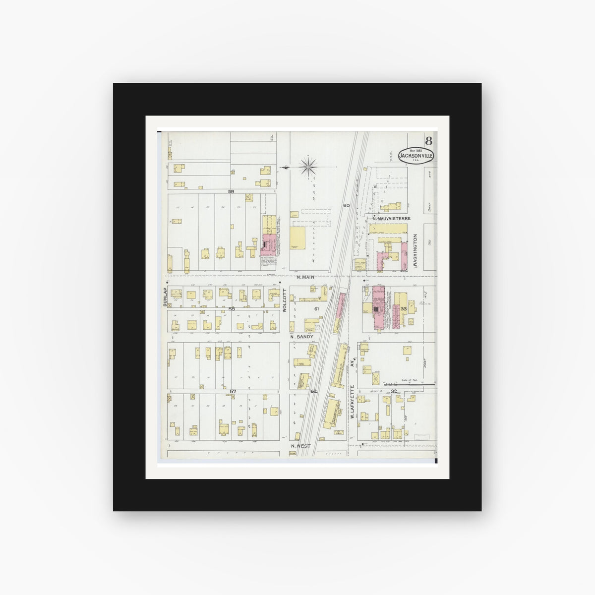Old map wall art mockup — black gallery frame with white mat — Sanborn Fire Insurance Map from Jacksonville, Morgan County, Illinois (1892), Sheet #0008