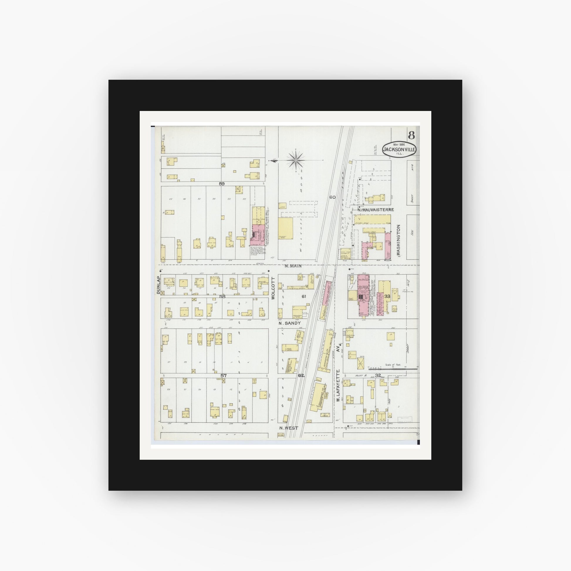 Old map wall art mockup — black gallery frame with white mat — Sanborn Fire Insurance Map from Jacksonville, Morgan County, Illinois (1892), Sheet #0008