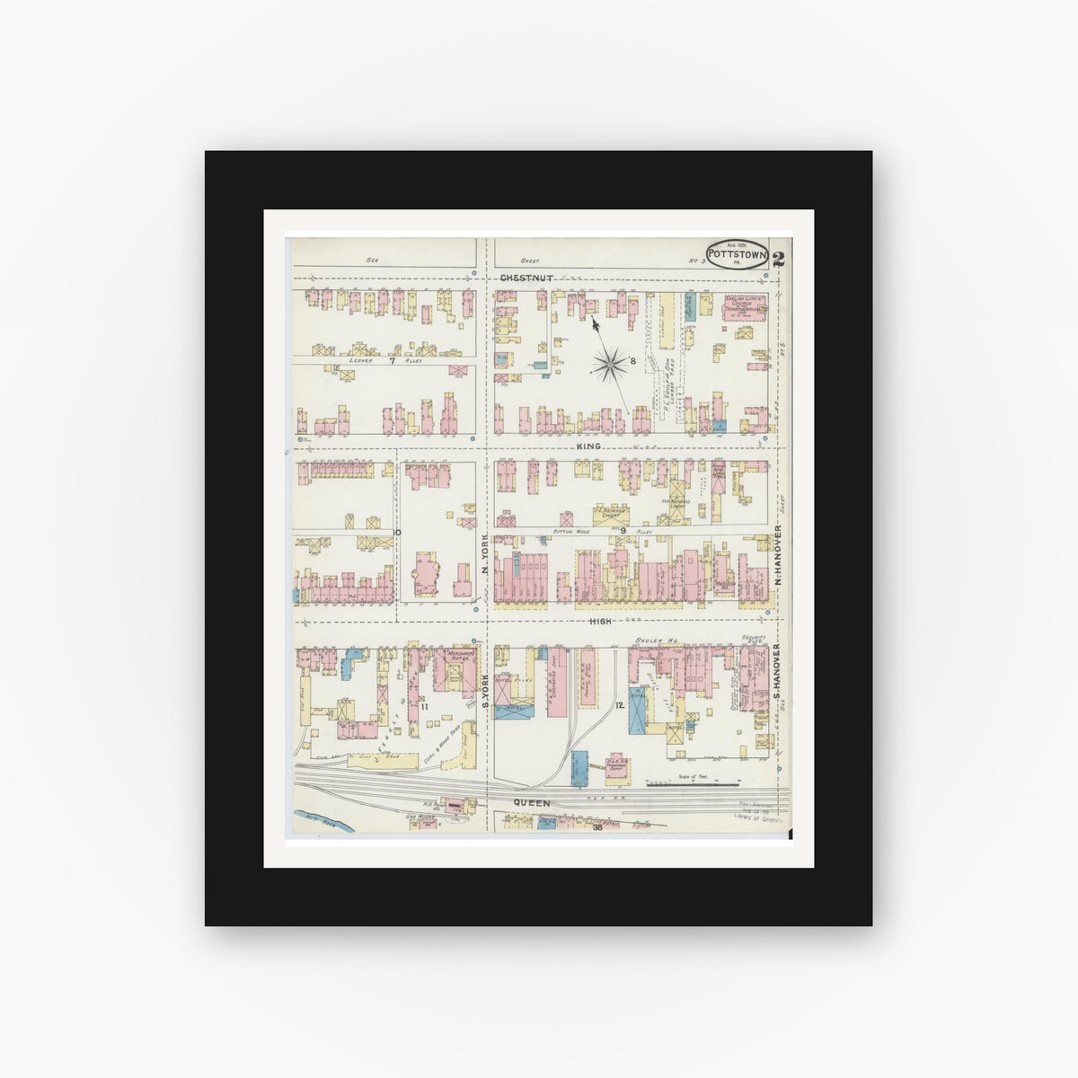 Old map wall art mockup — black gallery frame with white mat — Sanborn Fire Insurance Map from Pottstown, Montgomery County, Pennsylvania (1891), Sheet #0002