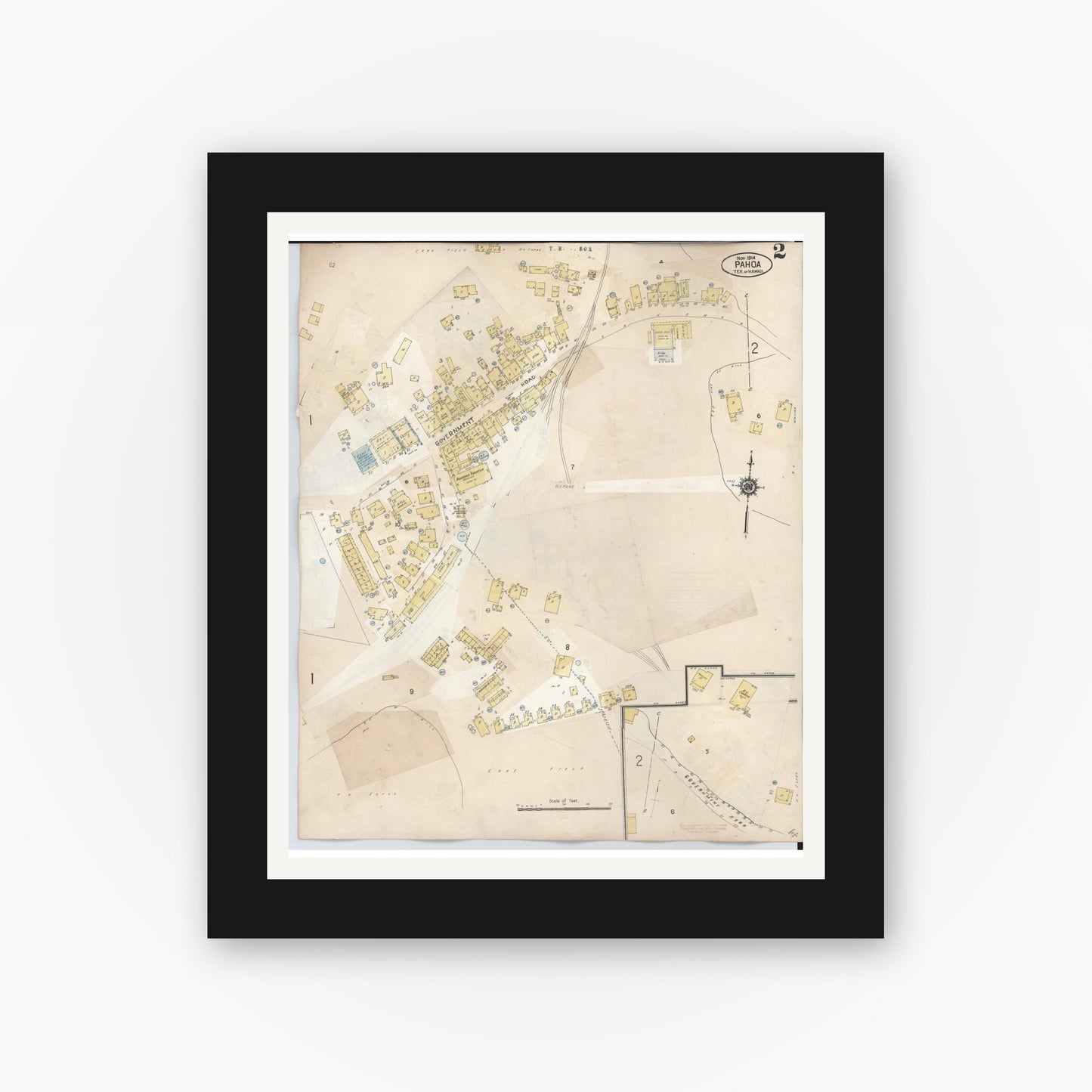 Old map wall art mockup — black gallery frame with white mat — Sanborn Fire Insurance Map from Pahoa, Hawaii County, Hawaii (1956), Sheet #0002