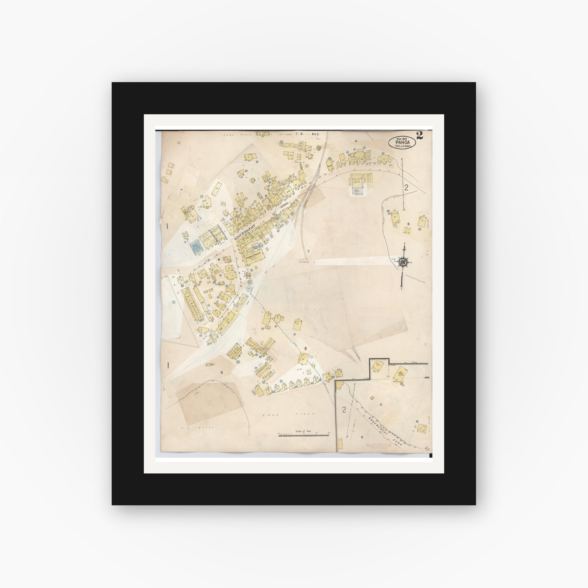 Old map wall art mockup — black gallery frame with white mat — Sanborn Fire Insurance Map from Pahoa, Hawaii County, Hawaii (1956), Sheet #0002