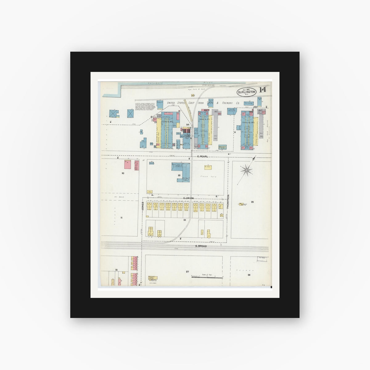 Old map wall art mockup — black gallery frame with white mat — Sanborn Fire Insurance Map from Burlington, Burlington County, New Jersey (1902), Sheet #0014