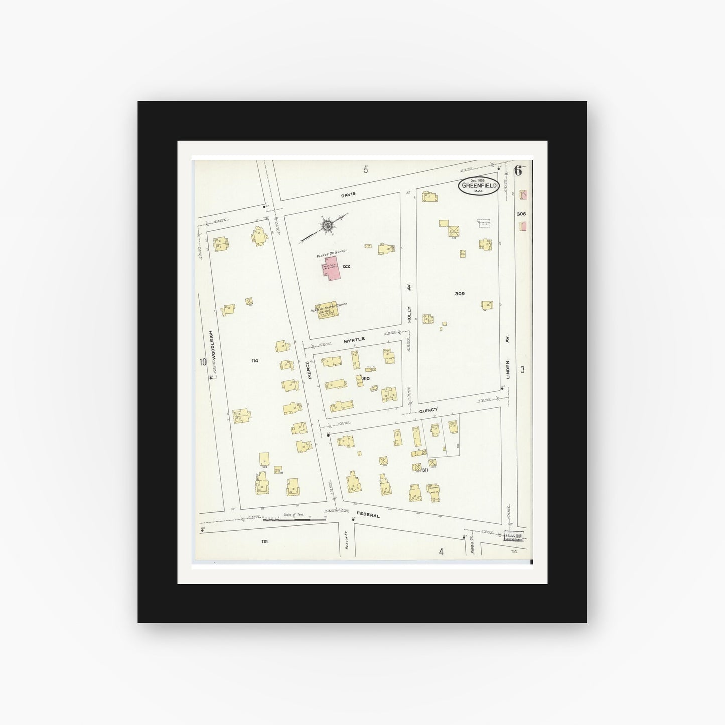 Old map wall art mockup — black gallery frame with white mat — Sanborn Fire Insurance Map from Greenfield, Franklin County, Massachusetts (1909), Sheet #0006