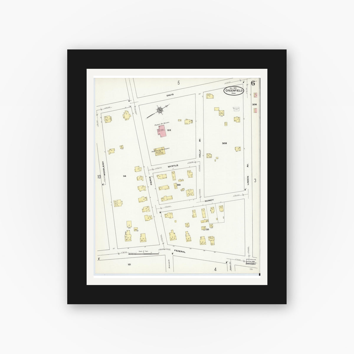 Old map wall art mockup — black gallery frame with white mat — Sanborn Fire Insurance Map from Greenfield, Franklin County, Massachusetts (1909), Sheet #0006