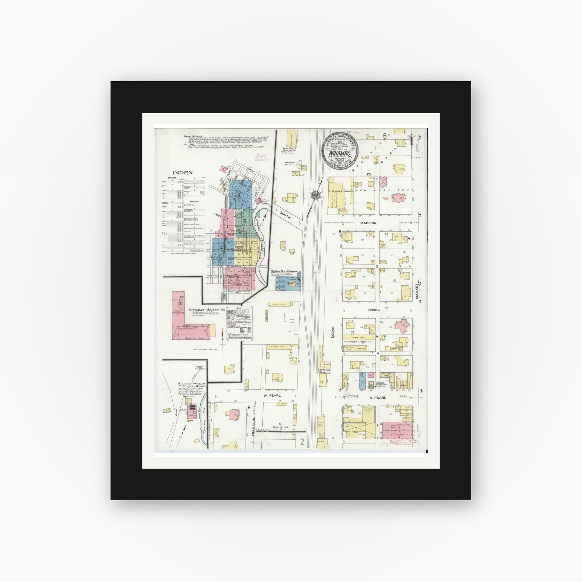 Old map wall art mockup — black gallery frame with white mat — Sanborn Fire Insurance Map from Winamac, Pulaski County, Indiana (1911) - Complete Map Set