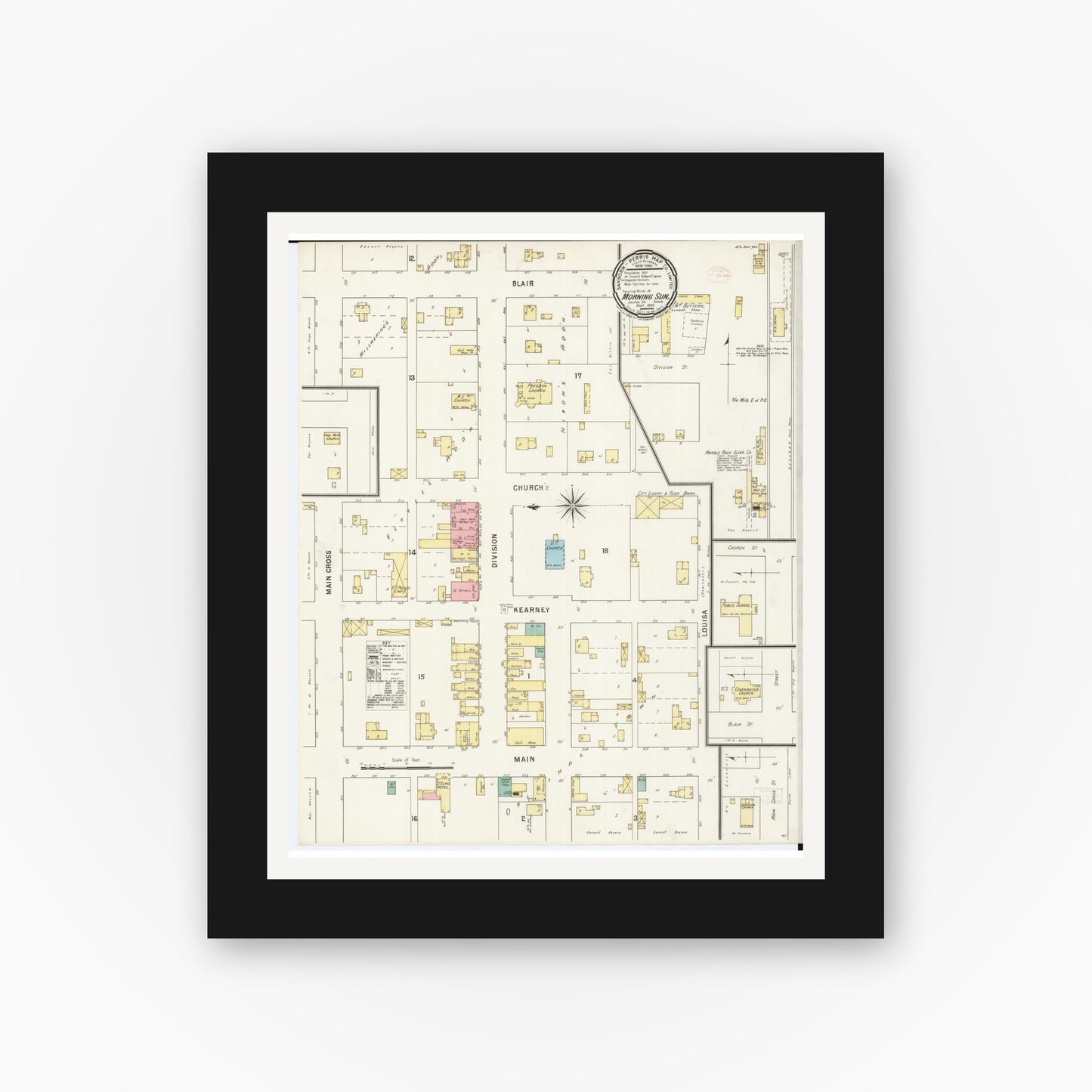 Old map wall art mockup — black gallery frame with white mat — Sanborn Fire Insurance Map from Morning Sun, Louisa County, Iowa (1895), Sheet #0001
