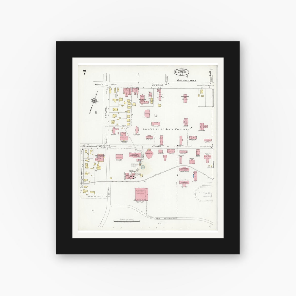 Old map wall art mockup — black gallery frame with white mat — Sanborn Fire Insurance Map from Chapel Hill, Orange County, North Carolina (1925), Sheet #0007