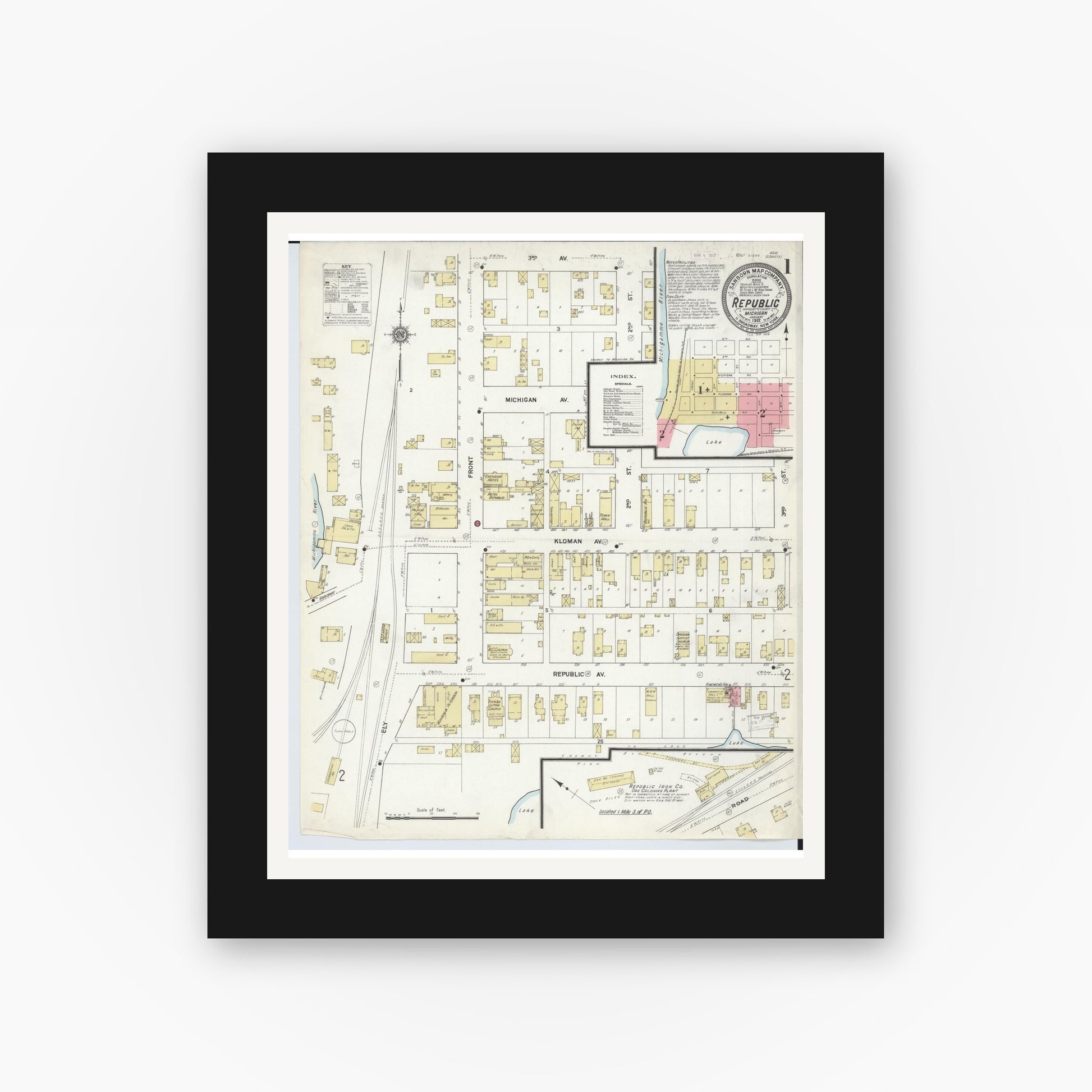 Old map wall art mockup — black gallery frame with white mat — Sanborn Fire Insurance Map from Republic, Marquette County, Michigan (1912) - Complete Map Set