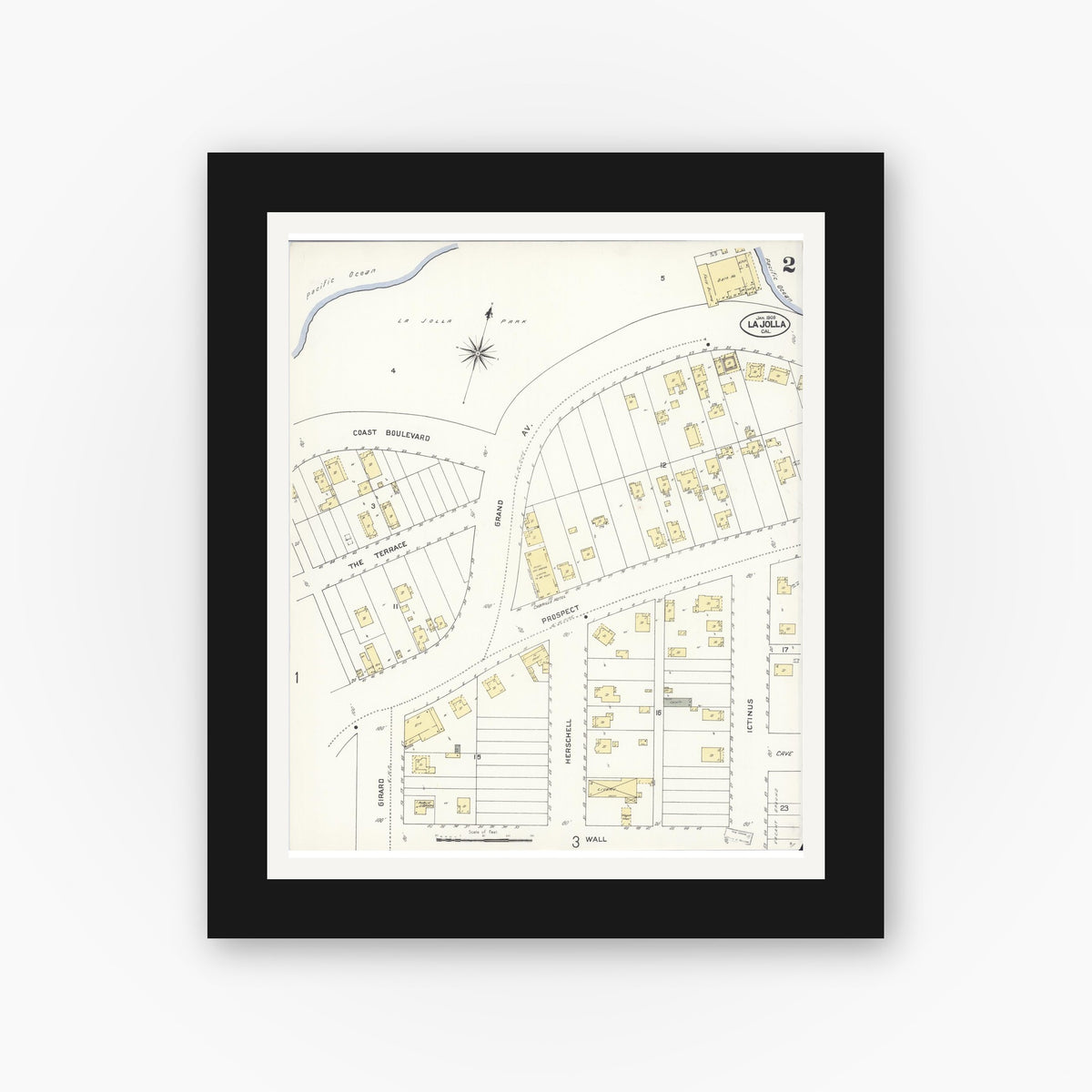 Old map wall art mockup — black gallery frame with white mat — Sanborn Fire Insurance Map from La Jolla, San Diego County, California (1909), Sheet #0002
