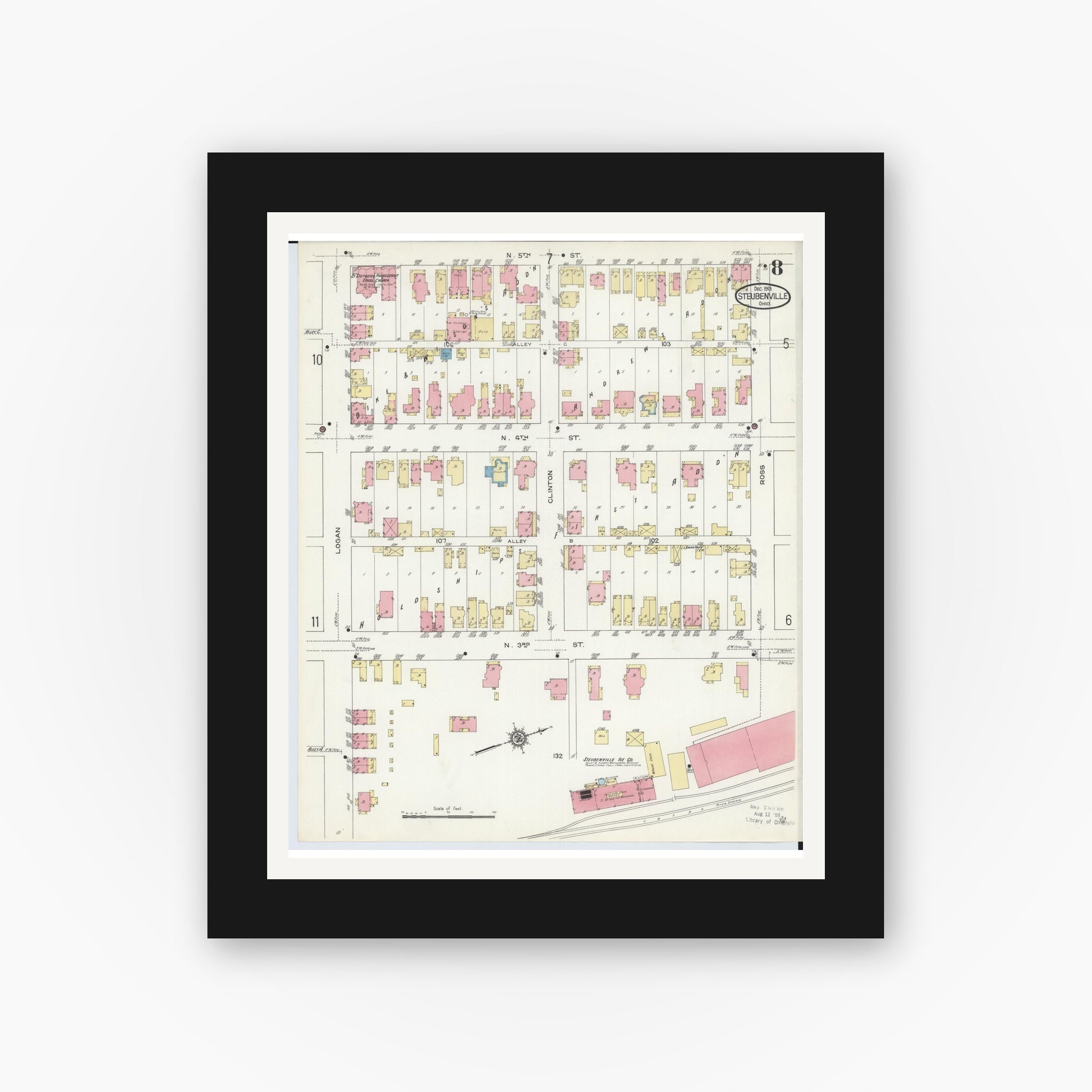 Old map wall art mockup — black gallery frame with white mat — Sanborn Fire Insurance Map from Steubenville, Jefferson County, Ohio (1913), Sheet #0008