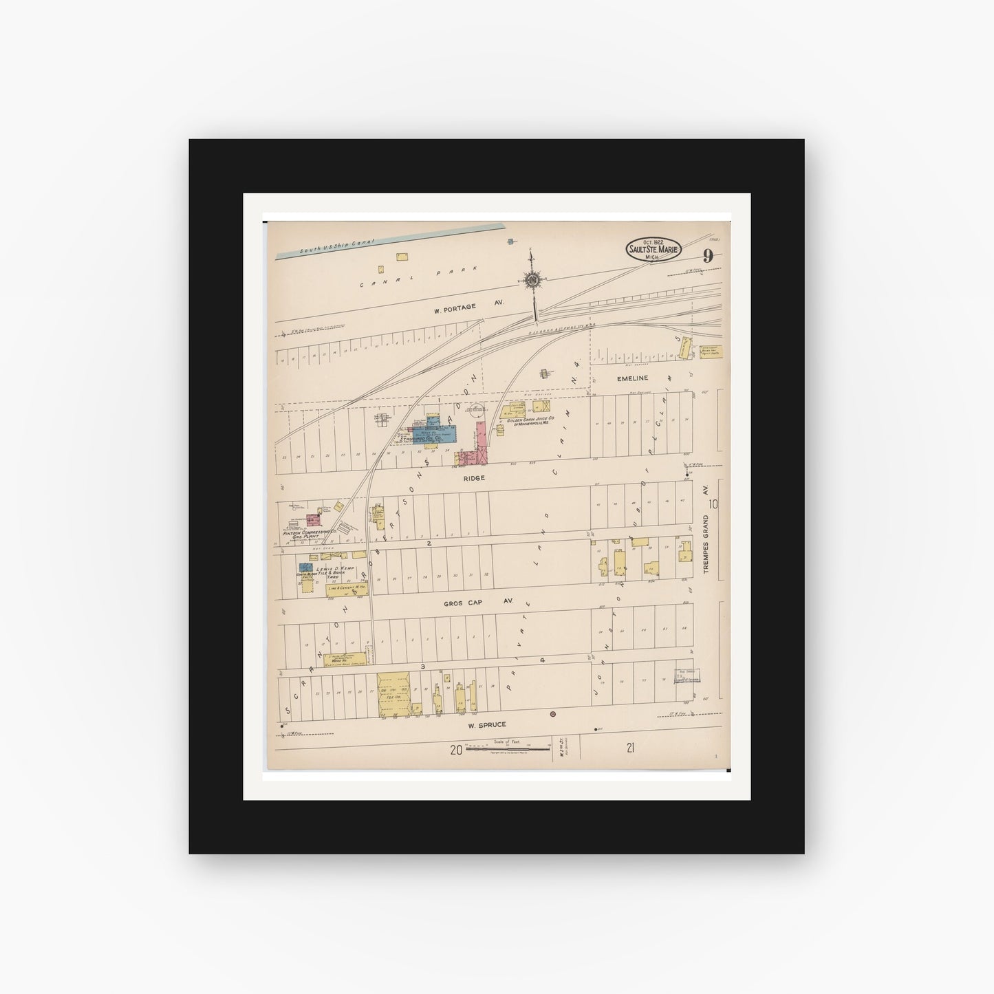 Old map wall art mockup — black gallery frame with white mat — Sanborn Fire Insurance Map from Sault Sainte Marie, Chippewa County, Michigan (1922), Sheet #0009
