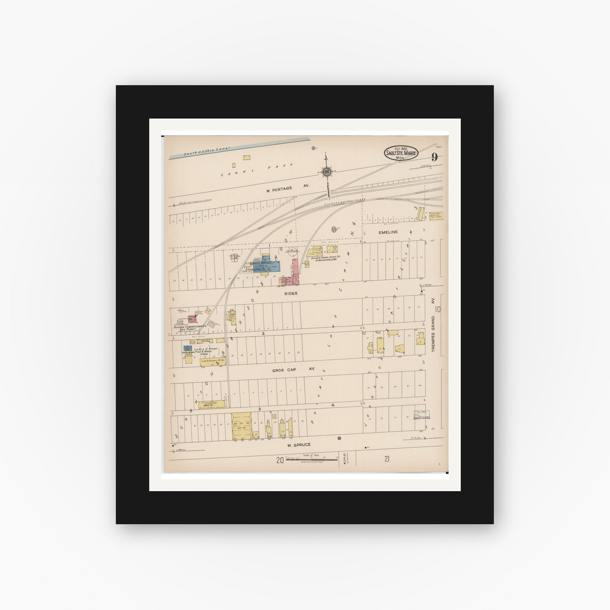 Old map wall art mockup — black gallery frame with white mat — Sanborn Fire Insurance Map from Sault Sainte Marie, Chippewa County, Michigan (1922), Sheet #0009
