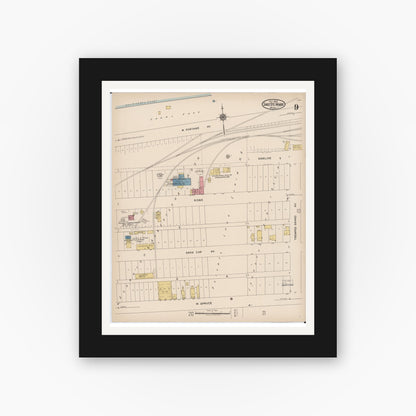 Old map wall art mockup — black gallery frame with white mat — Sanborn Fire Insurance Map from Sault Sainte Marie, Chippewa County, Michigan (1922), Sheet #0009