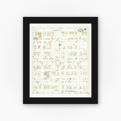 Old map wall art mockup — black gallery frame with white mat — Sanborn Fire Insurance Map from Bluffton, Wells County, Indiana (1912), Sheet #0010