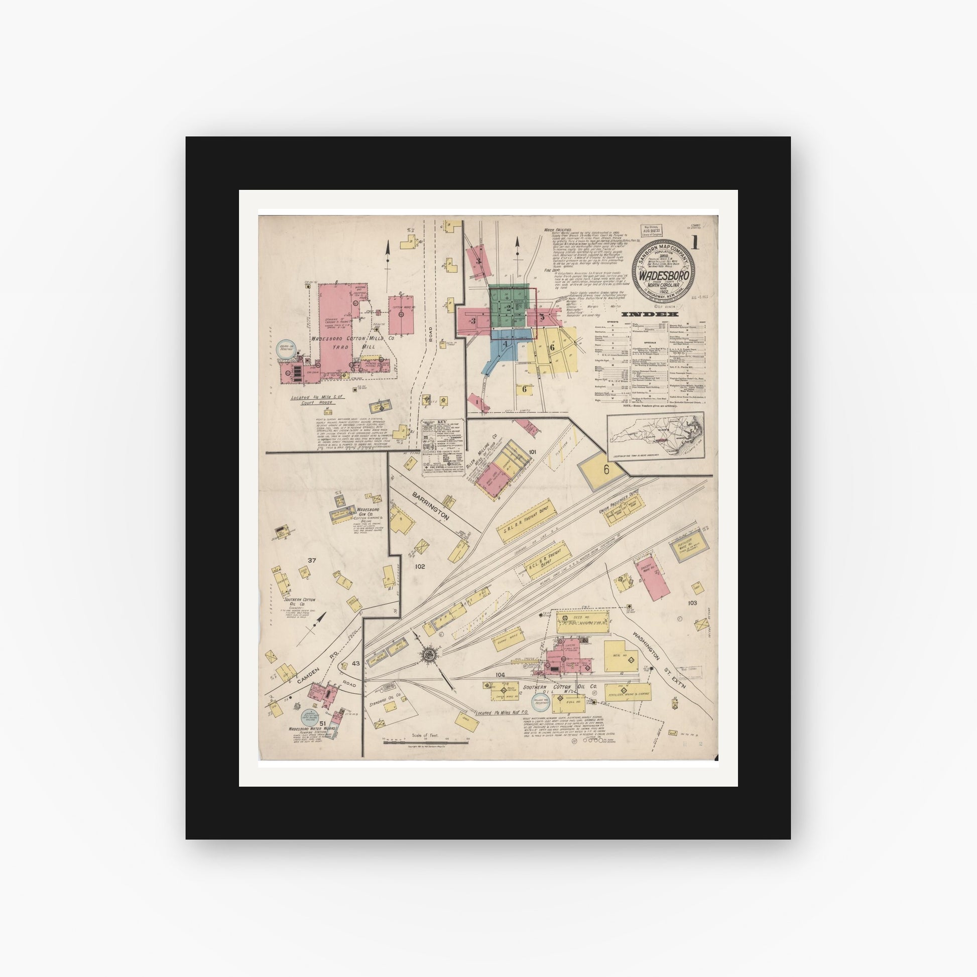 Old map wall art mockup — black gallery frame with white mat — Sanborn Fire Insurance Map from Wadesboro, Anson County, North Carolina (1922) - Complete Map Set