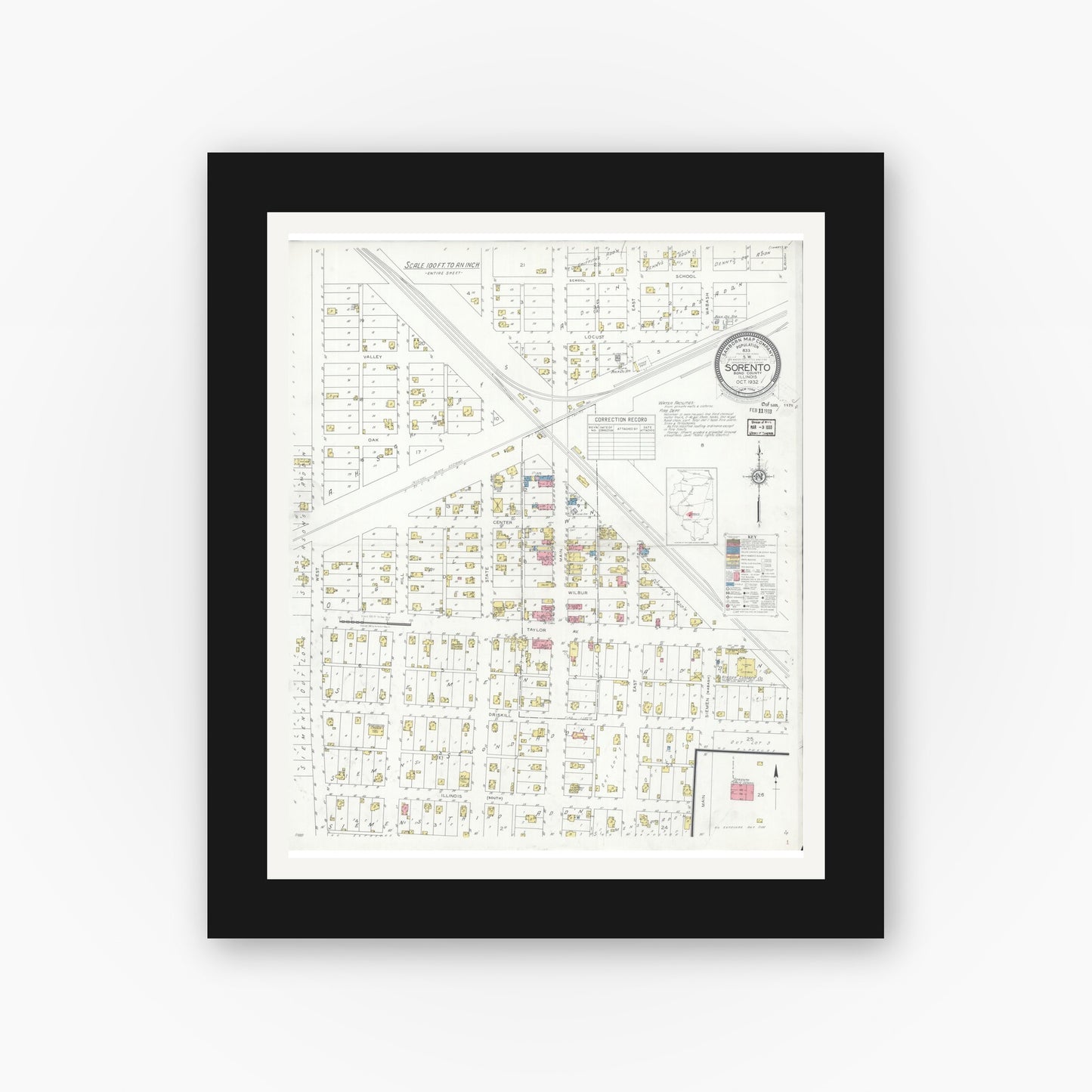 Old map wall art mockup — black gallery frame with white mat — Sanborn Fire Insurance Map from Sorento, Bond County, Illinois (1932), Sheet #0001