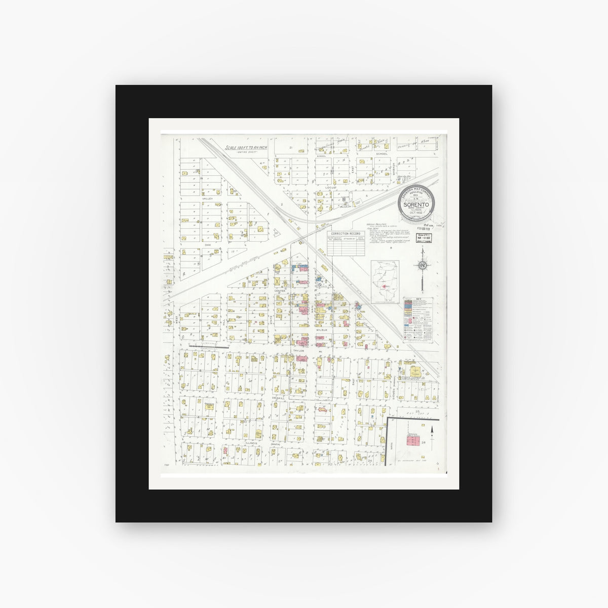 Old map wall art mockup — black gallery frame with white mat — Sanborn Fire Insurance Map from Sorento, Bond County, Illinois (1932), Sheet #0001
