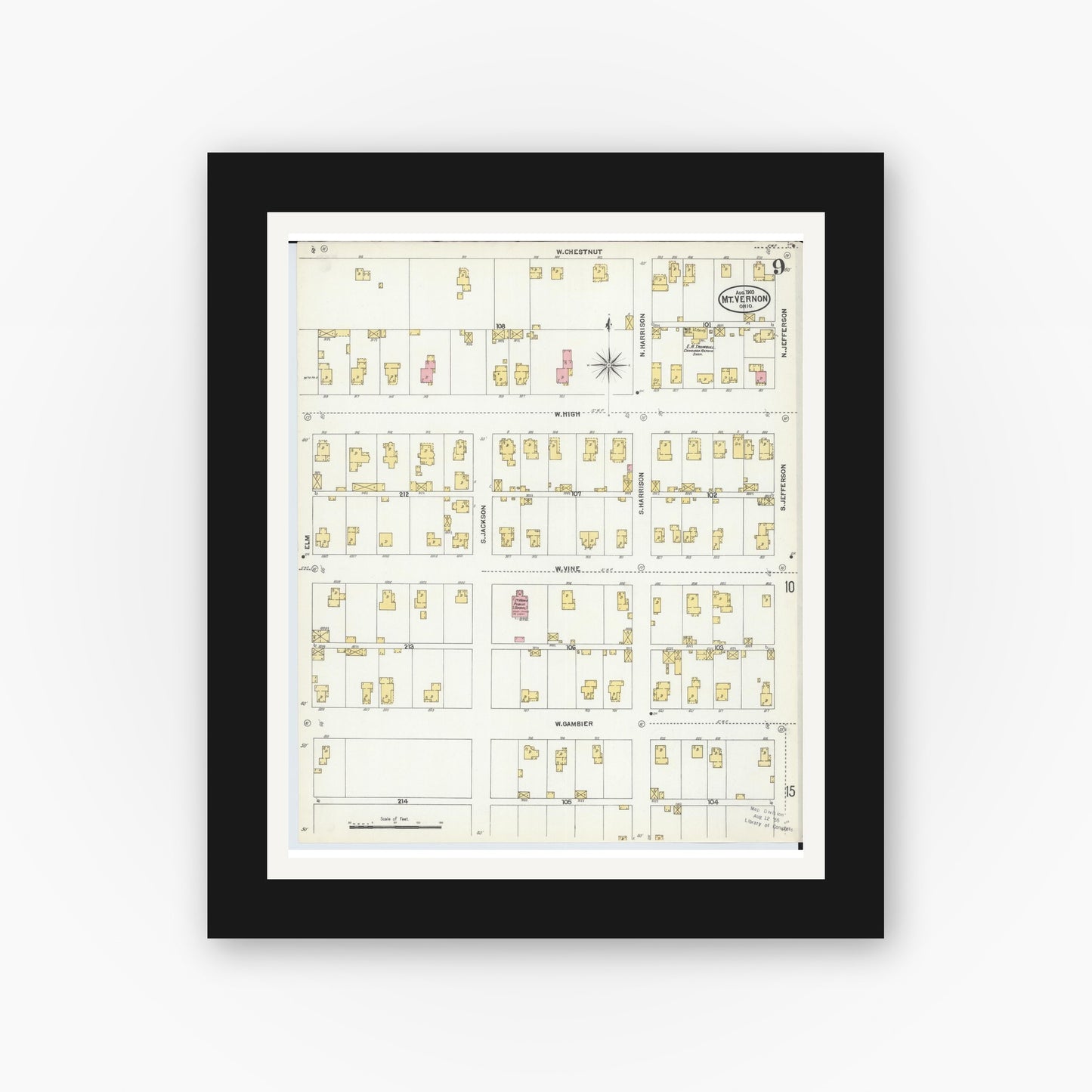 Old map wall art mockup — black gallery frame with white mat — Sanborn Fire Insurance Map from Mount Vernon, Knox County, Ohio (1903), Sheet #0009