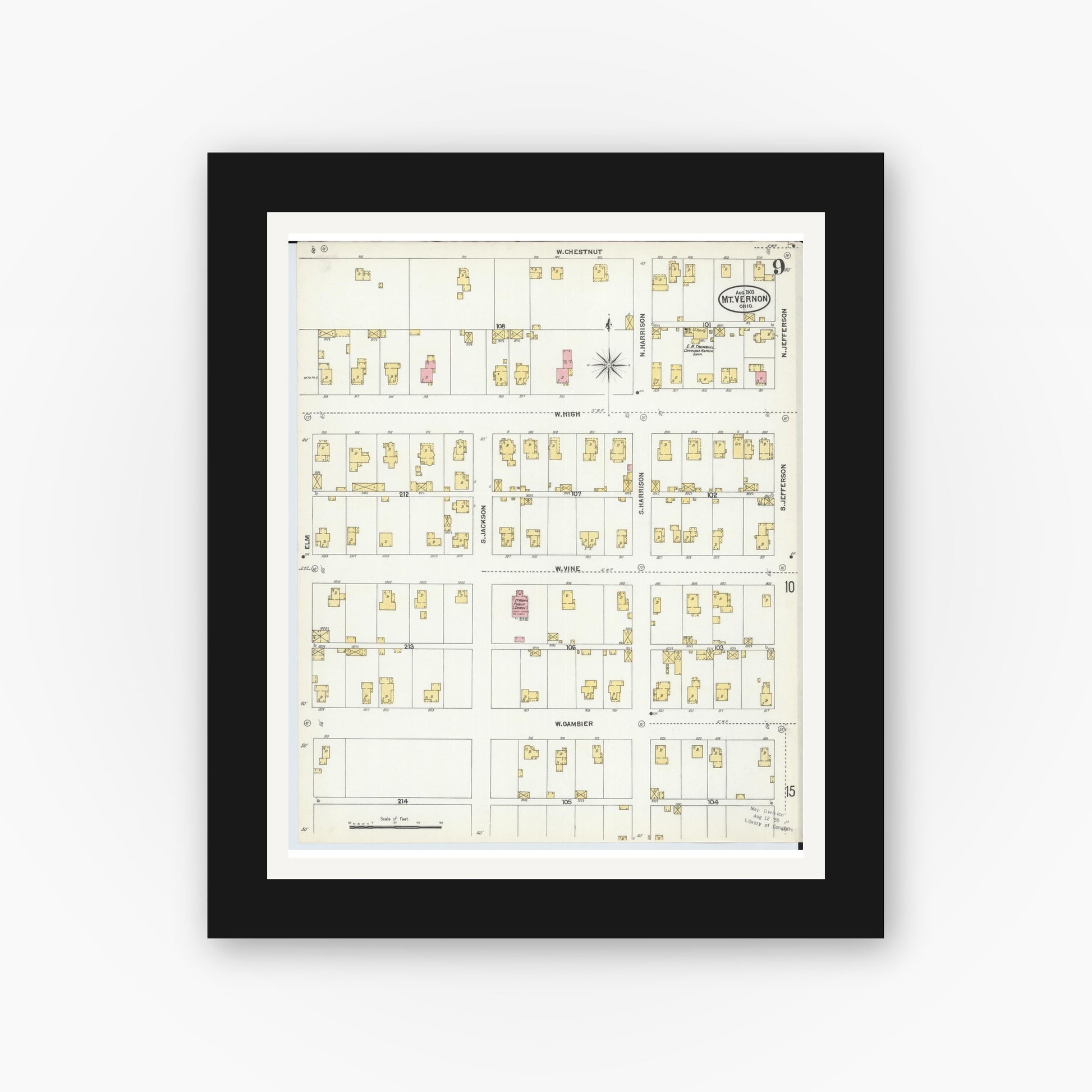 Old map wall art mockup — black gallery frame with white mat — Sanborn Fire Insurance Map from Mount Vernon, Knox County, Ohio (1903), Sheet #0009