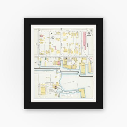 Old map wall art mockup — black gallery frame with white mat — Sanborn Fire Insurance Map from Washington, Beaufort County, North Carolina (1904), Sheet #0005