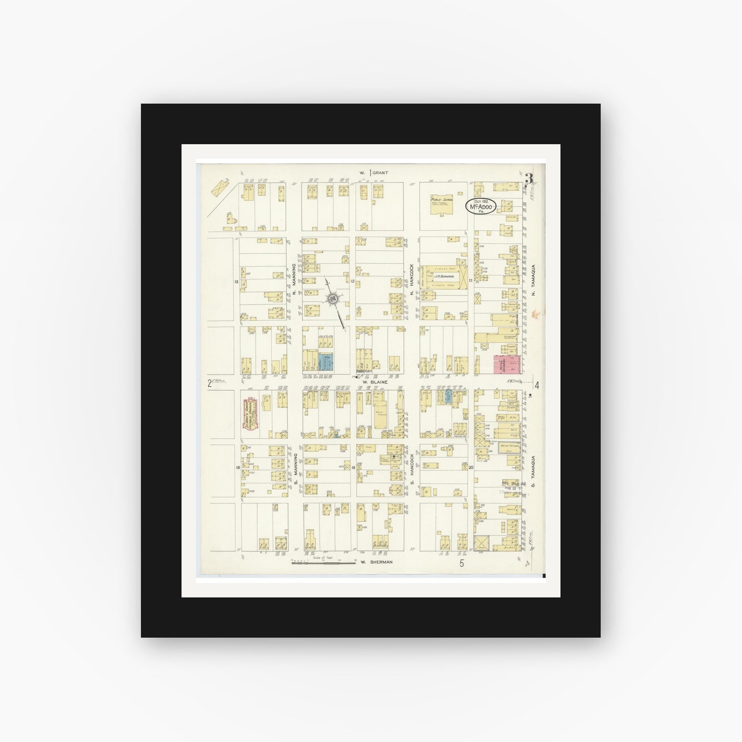 Old map wall art mockup — black gallery frame with white mat — Sanborn Fire Insurance Map from McAdoo, Schuylkill County, Pennsylvania (1912), Sheet #0003