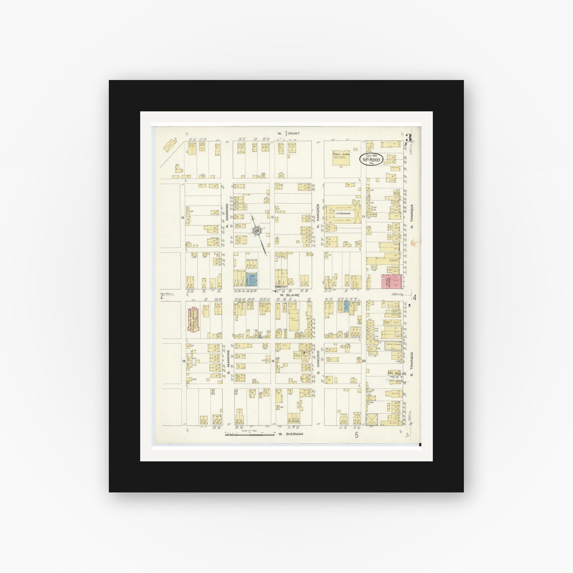 Old map wall art mockup — black gallery frame with white mat — Sanborn Fire Insurance Map from McAdoo, Schuylkill County, Pennsylvania (1912), Sheet #0003