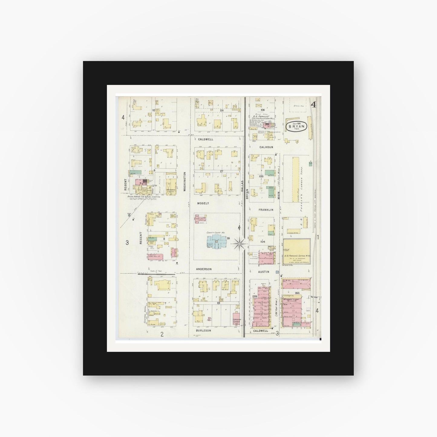 Old map wall art mockup — black gallery frame with white mat — Sanborn Fire Insurance Map from Bryan, Brazos County, Texas (1896), Sheet #0004
