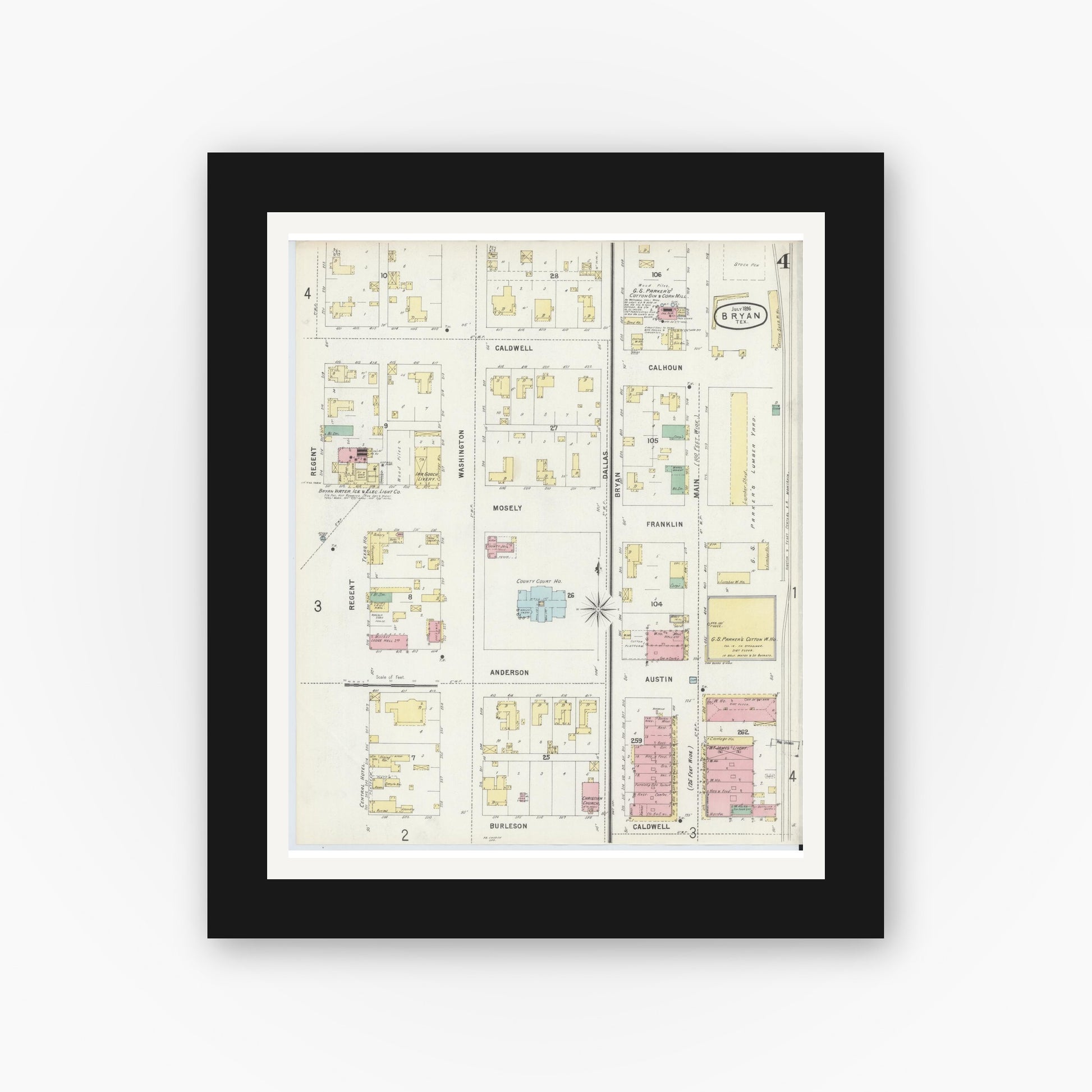 Old map wall art mockup — black gallery frame with white mat — Sanborn Fire Insurance Map from Bryan, Brazos County, Texas (1896), Sheet #0004