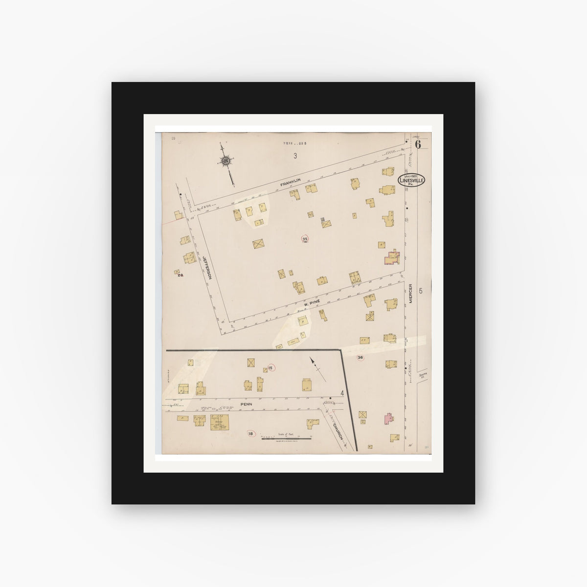 Old map wall art mockup — black gallery frame with white mat — Sanborn Fire Insurance Map from Linesville, Crawford County, Pennsylvania (1934), Sheet #0006