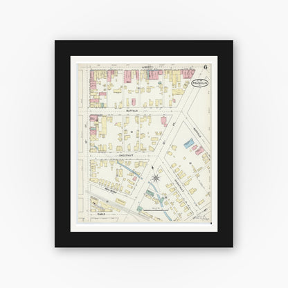 Old map wall art mockup — black gallery frame with white mat — Sanborn Fire Insurance Map from Franklin, Venango County, Pennsylvania (1891), Sheet #0006