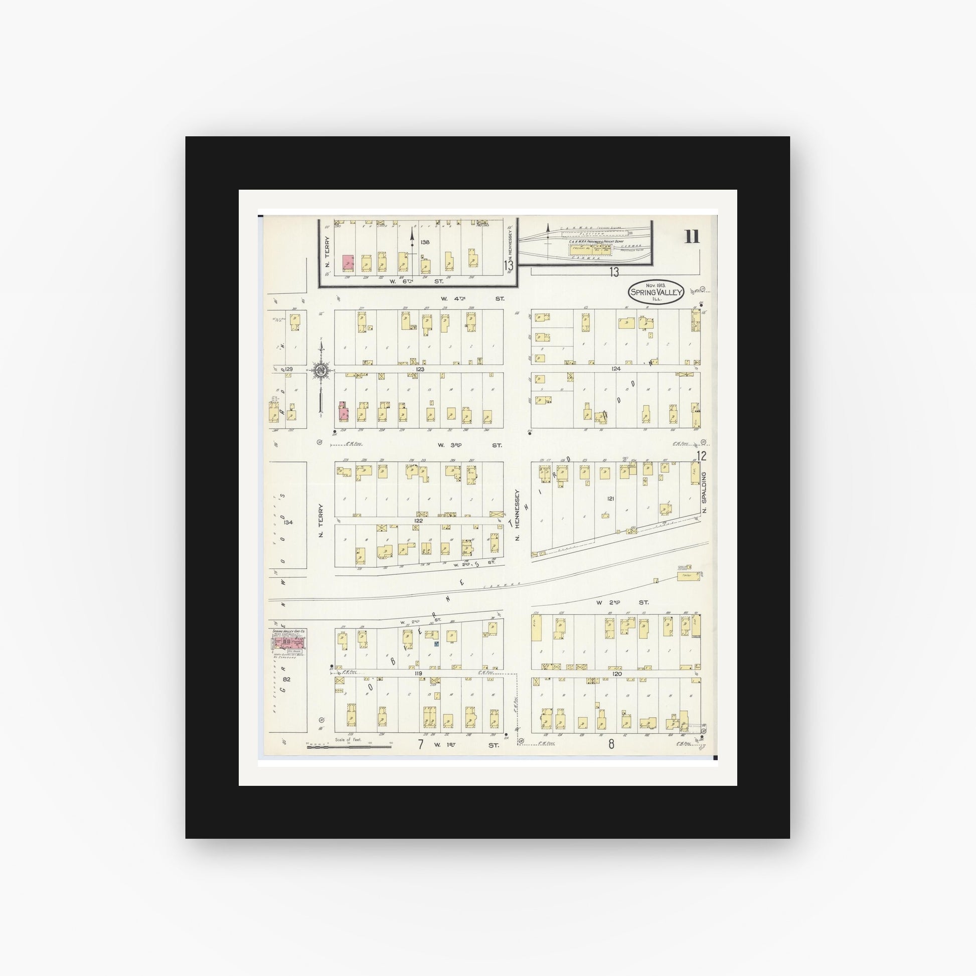 Old map wall art mockup — black gallery frame with white mat — Sanborn Fire Insurance Map from Spring Valley, Bureau County, Illinois (1913), Sheet #0011
