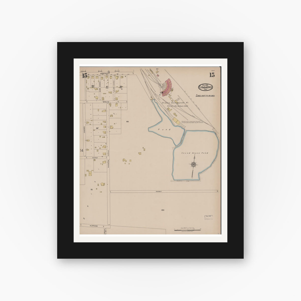 Old map wall art mockup — black gallery frame with white mat — Sanborn Fire Insurance Map from Commerce, Hunt County, Texas (1922), Sheet #0015
