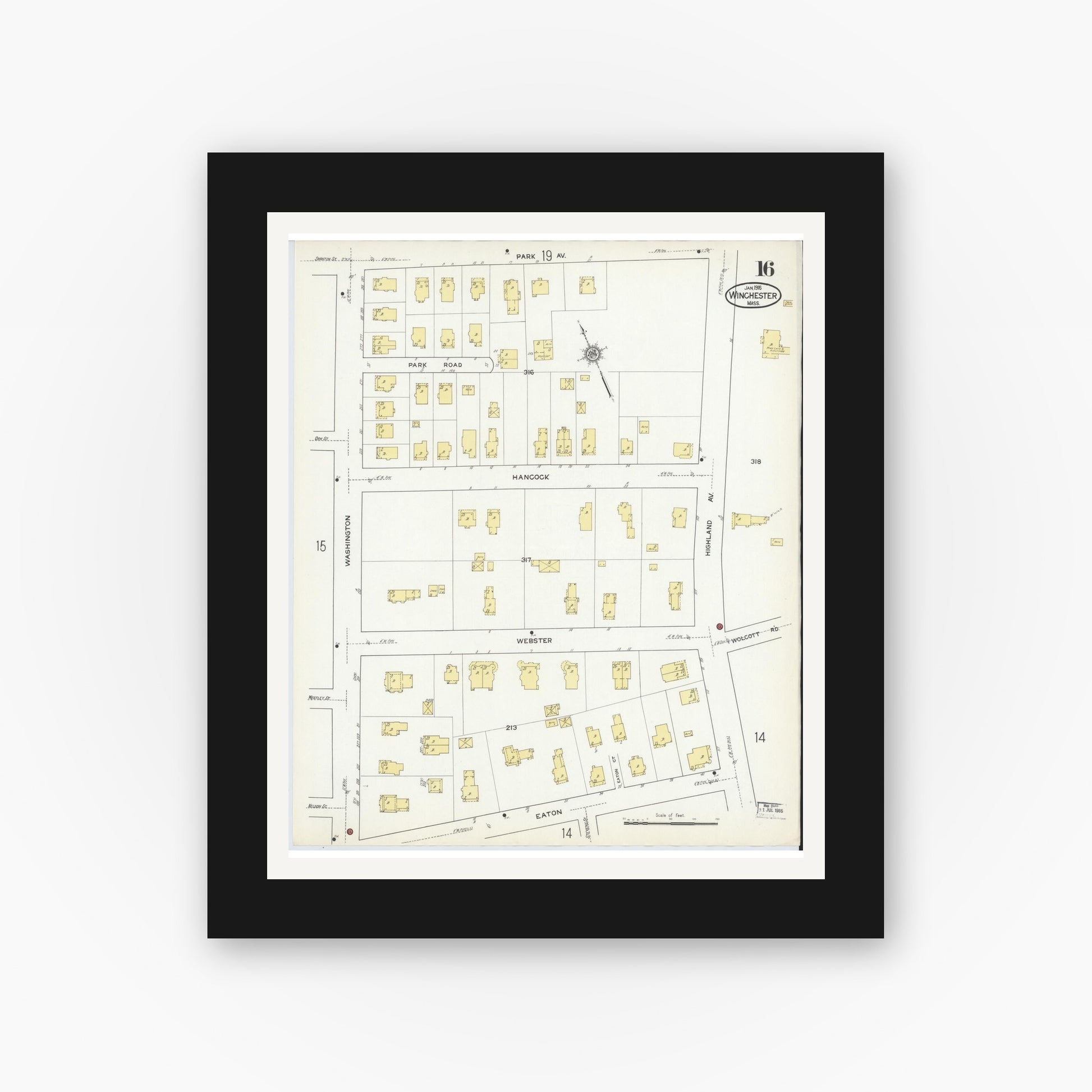 Old map wall art mockup — black gallery frame with white mat — Sanborn Fire Insurance Map from Winchester, Middlesex County, Massachusetts (1916), Sheet #0016